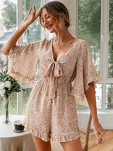 Ditsy Floral Bell Sleeve Tie-Front Romper