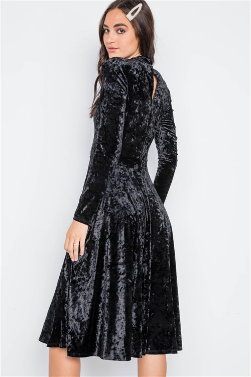 Black Crushed Velvet Long Sleeve A-Line Midi Evening Dress