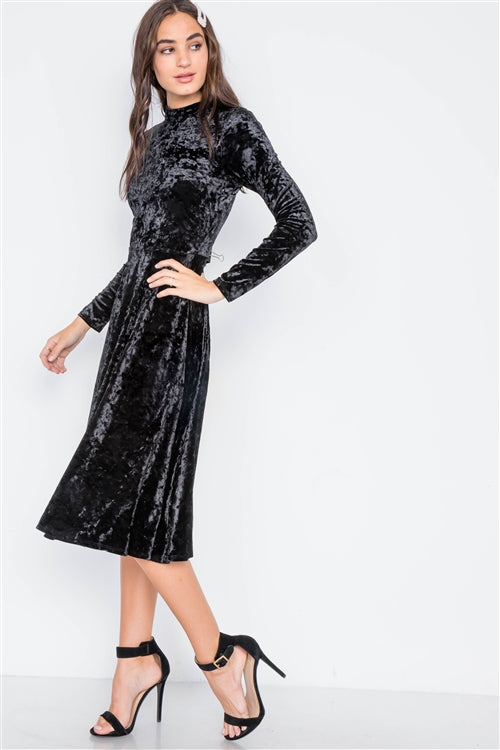Black Crushed Velvet Long Sleeve A-Line Midi Evening Dress